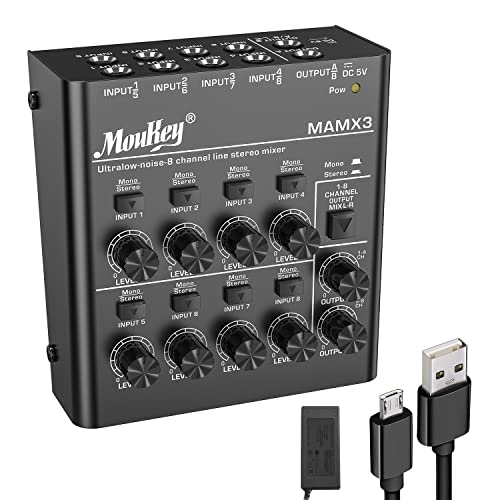 Moukey Mezclador deLínea 8 Canales/Mesa Mezcla Ultra Bajo Ruido/Mini Mezclador deAudio DC 5V 4-Stereo para Pequeños Clubes o Bares