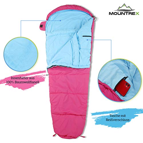 MOUNTREX® Saco de dormir para niños – Portátil como una mochila (175 x 70 x 45 cm) – Exterior, viaje, acampada, camping – Saco de dormir momia ligero y compacto – 100% algodón forro interior