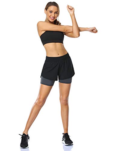 MOVE BEYOND Pantalón Corto de Running 2 en 1 para Mujer con Bolsillo con Cremallera Cordón Fitness Maratón Yoga Shorts, Negro y Gris Oscuro, L