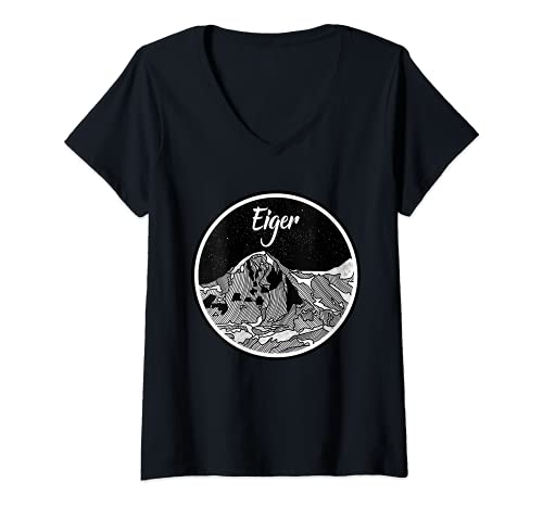 Mujer El Eiger blanco y negro Montaña impresión Camiseta Cuello V