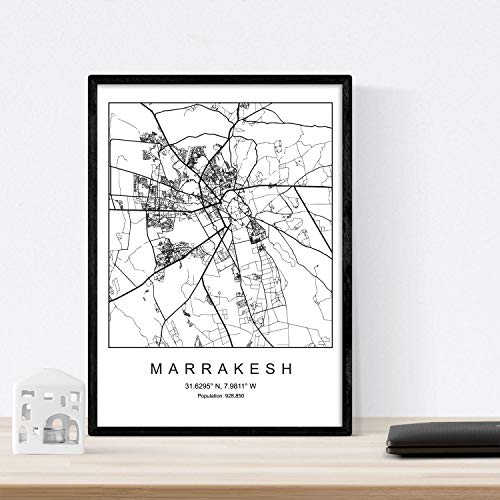 Nacnic Lámina Mapa de la Ciudad Marrakesh Estilo nordico en Blanco y Negro. Poster tamaño A3 Sin Marco Impreso Papel 250 gr. Cuadros, láminas y Posters para Salon y Dormitorio
