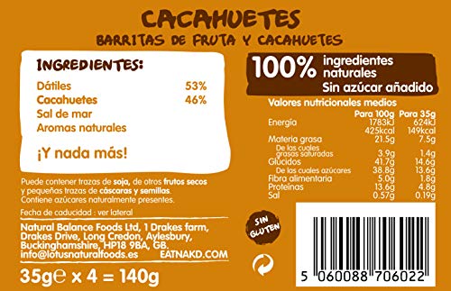 nakd. Peanut Delight- Barritas de fruta y frutos secos con cacahuetes – Sin Gluten - Pack 18 barritas x 35g