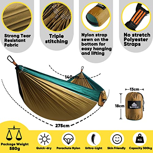 NatureFun Hamaca ultraligera para camping| 300kg de capacidad de carga, (275 x 140 cm) Estilo paracaídas de Nylon, transpirable y de secado rápido. 2 mosquetones premium, 2 eslingas de nylon incluidas