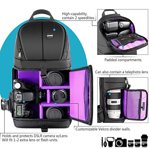 Neewer Professional Mochila Peso 653g la Viene con Bolsillos para Accesorios Protección Contra la Lluvia Compatible con Cámara Nikon Canon Sony y otras Cámaras y Lentes DSLR Trípode(Púrpura)