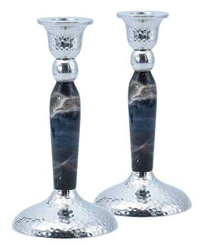 Ner Mitzvah Portavelas de metal decorativo para candelabros de mármol, para mesa, chimenea y ventana, color negro y plateado, juego de 2