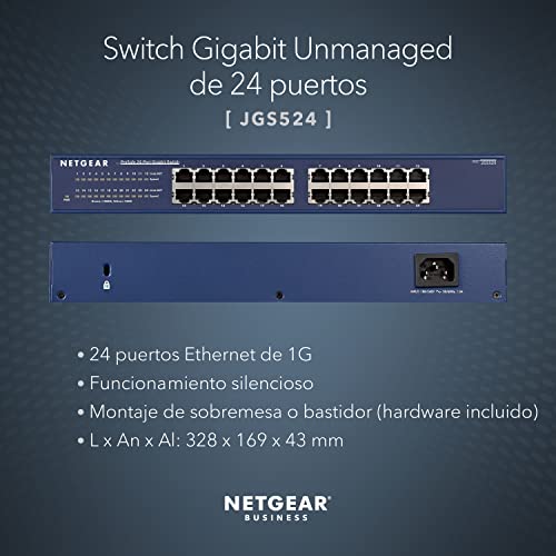 NETGEAR Switch Ethernet JGS524 no gestionado de 24 puertos, switch Gigabit con opciones de montaje en sobremesa o bastidor y asistencia técnica limitada de por vida