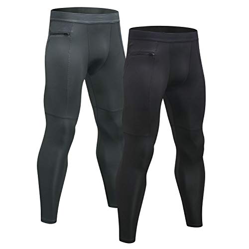 Niksa 2 Piezas Mallas Hombre Running Leggings Deporte Pantalones Largos de Compresión Negro Gris Small
