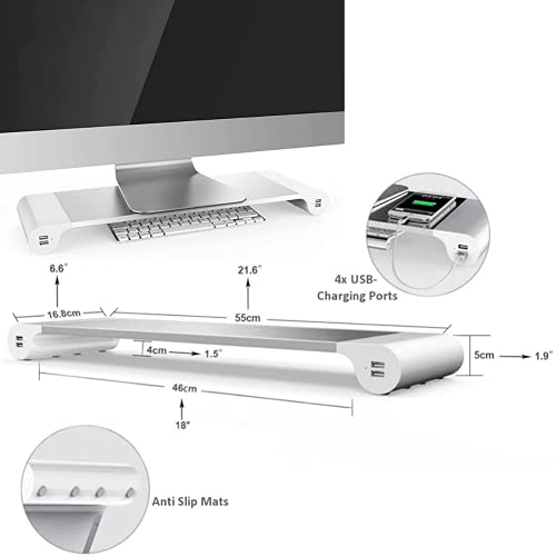 NK Soporte de Monitor Portátil - Elevador de Ordenador de Aluminio Antideslizante, 4 Puertos de Carga USB, 22W, hasta 20", Peso 10kg, (Color Plateado)