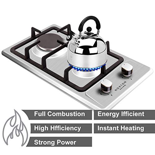 NOXTON Integrado Encimera de Gas 2 Fuegos incorporada, Cocina de Gas con Kit de LPG, Acero Inoxidable [Clase de energía A +]