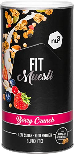 nu3 Fit Protein Muesli - Avena con proteína sabor Berry Crunch - 450 g de muesli proteico con bayas, almendras, guaraná y matcha - 33% de proteínas y solo 4% de azúcar – Ideal en dietas sin gluten