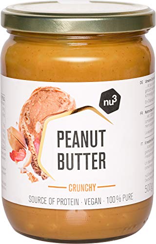 nu3 Mantequilla de cacahuete crujiente - Peanut butter crunchy vegetariana sin azúcar - 500 g de crema de cacahuete pura - 100% maní fresco sin sal o aceite de palma - 28% de proteína vegana
