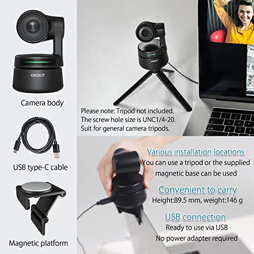 OBSBOT Tiny Webcam PTZ, Webcam Seguimiento con Control Gestos & Encuadre con IA, Streamcam con Doble Micrófono Omnidireccional, Full HD 1080p, Gran Angular de 90 Grados, Corrección de Poca Luz