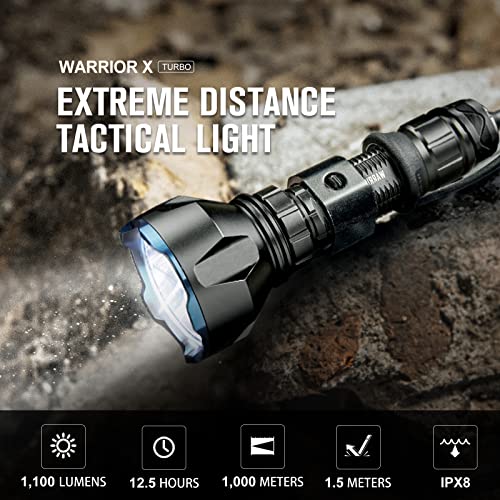 OLIGHT Warrior X Turbo LED Linterna Táctica Lámpara Militar 1100 Lúmenes Linterna Policial Brillante, 2 Modos de Iluminación, Cable de Carga Magnético MCC3, 3.6V Batería Incluida, Negro