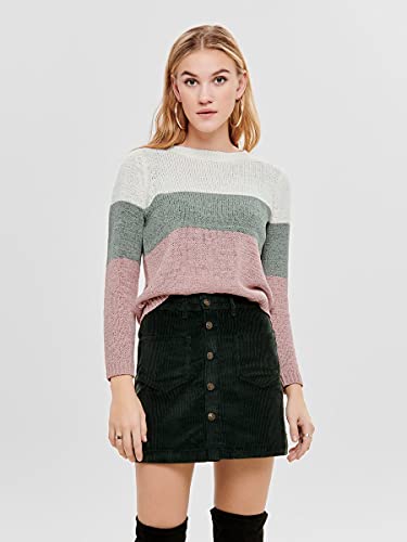 Only Onlgeena L/s Block Pullover Knt Noos suéter, Multicolor (Cloud Dancer Stripes: W. Chinois Green/Rose), 42 (Talla del Fabricante: Large) para Mujer