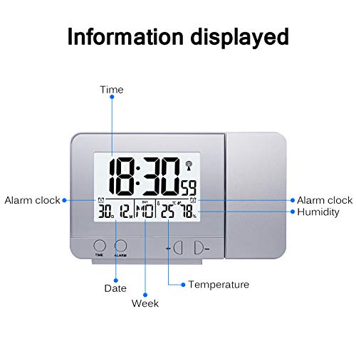 OurLeeme Relojes de Proyección, Despertador Proyector, Relojes de Alarma Proyección Alarma Dual, Función de Repetición, 12/24 Horas, Fecha, Temperatura de Humedad en Interiores (Plateado)