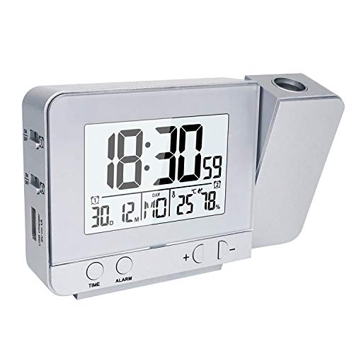 OurLeeme Relojes de Proyección, Despertador Proyector, Relojes de Alarma Proyección Alarma Dual, Función de Repetición, 12/24 Horas, Fecha, Temperatura de Humedad en Interiores (Plateado)