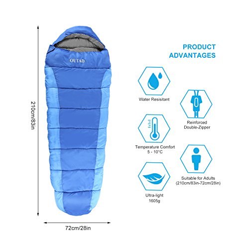 OUTAD Saco De Dormir Momia Impermeable hasta -5 ° 210T Nylon 4 Estaciones Color Azul
