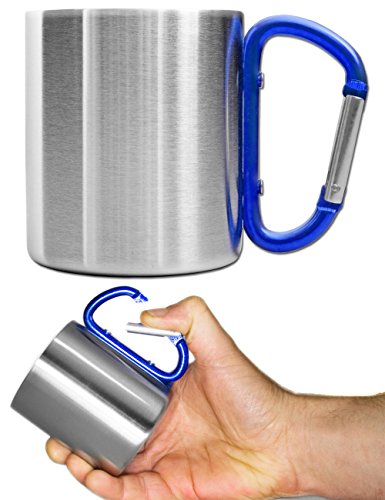 Outdoor Saxx® - Taza de camping, taza de exterior, taza de metal, con asa de mosquetón atornillada, acero inoxidable, senderismo, trekking, trabajo, 250 ml, plata (azul)