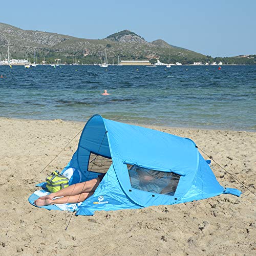outdoorer Tienda de Playa instántanea Premium Azul, UV 80, Incluidas estaquillas y 3 Ventanas