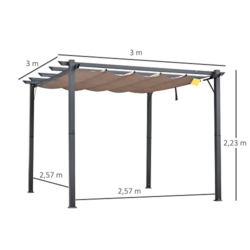 Outsunny Pérgola de Aluminio Gazebo Cenador 3x3m para Jardín Patio o Terraza con Techo Retráctil Tela Poliéster Resistente a Agua y UV