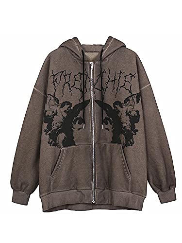 Oversized Drawstring Sweatshirt for Women Long Sleeve Zip Up Cardigan Y2k E-Girl Hoodies Pullover Jacket with Pockets (Coffee, XX-Large)