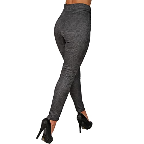 P8405 - Pantalones térmicos para mujer, cintura alta, diseño de cuadros, Gris Oscuro 78077, S