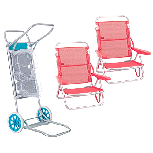 Pack de 2 sillas de Playa Coral de Aluminio y textileno y Carro portasillas Nuevo y Mejorado - LOLAhome