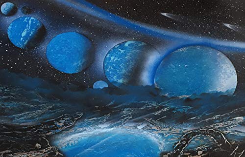 Paisaje Alíen Planeta Azul Alineación de Planetas Spray Paint Art Cristian - Obra única - Pintado a Mano - Handmade Street Art - Artwork - 65CMx50CM