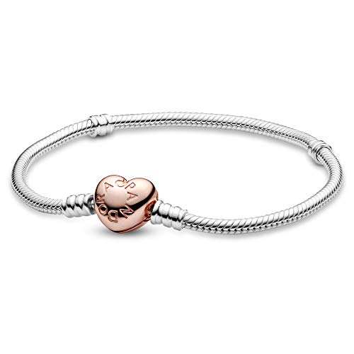 Pandora 580719-17 - Pulsera de plata de ley 925 con cierre Pandora en forma de corazón recubierto de oro rosa de 14 K, para mujer, 17 cm