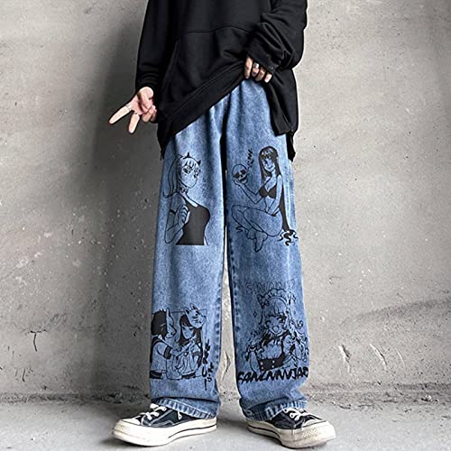 Pantalones Vaqueros con Estampado de Dibujos Animados para niñas Y2k para Hombre BF Harajuku, Marca de Moda callejera, Moda Informal, Graffiti, Pantalones Vaqueros Azules Sueltos, Manga Japonesa