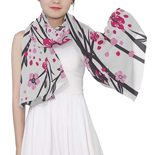 Pañuelo de seda para mujer Ligero Sakura Japón Rama de cerezo con flores florecientes Bufanda de vector Chal Bufandas de moda Chalecos de protección solar, pañuelo para la cabeza