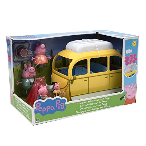 Peppa Pig PPC46 - Juguete, con Autocaravana, Tienda y 4 Personajes, Figuras de Familia de Vacaciones, Bicicletas, fogata y Accesorios, para niños a Partir de 3 años