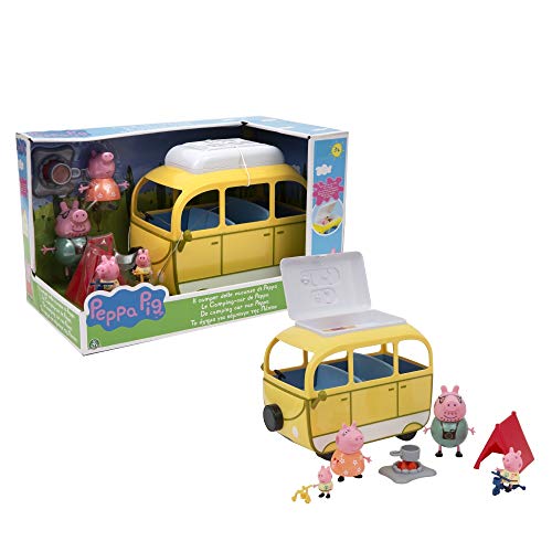 Peppa Pig PPC46 - Juguete, con Autocaravana, Tienda y 4 Personajes, Figuras de Familia de Vacaciones, Bicicletas, fogata y Accesorios, para niños a Partir de 3 años