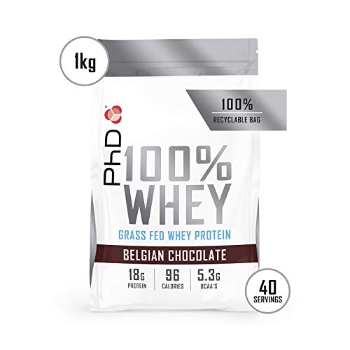 PhD Nutrition 100% Whey, Proteína de Suero Animal de Pastura Ecológica 1 kg, Sabor Chocolate Belga