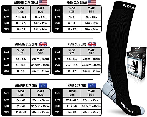 Physix Gear Sport Calcetines de compresión, los mejores calcetines compresión mujer y hombre para el dolor de pies y gemelos, medias de compresión hombre y mujer, 1 par, S/M, negro/gris