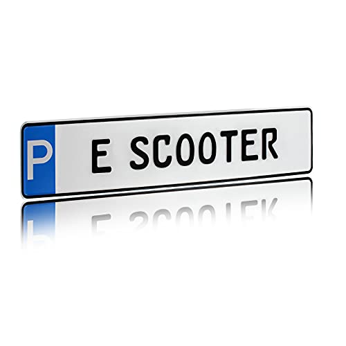 Placa de aparcamiento individual de 520 x 110 mm con símbolo P de aluminio para matrícula con texto personalizado, nombre personalizado para aparcamiento (18 P - E Scooter)