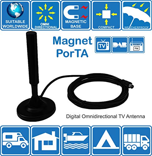 PorTA-Magnet Antena de TV digital portátil omnidireccional interior / exterior HD, antena UHF, FM y DAB con base magnética. Ideal para autocaravanas, Camión, Caravana, Barco, Cámping de Unispectra®