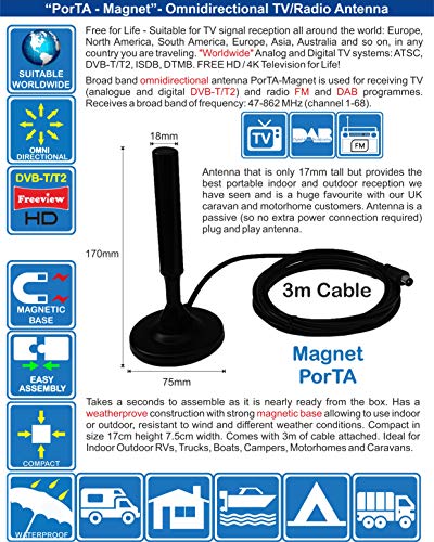 PorTA-Magnet Antena de TV digital portátil omnidireccional interior / exterior HD, antena UHF, FM y DAB con base magnética. Ideal para autocaravanas, Camión, Caravana, Barco, Cámping de Unispectra®