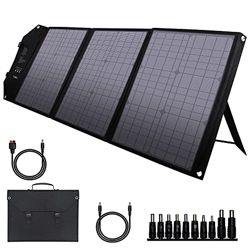 powkey 60W 18V Panel Solar Portátil con USB C, Doble USB QC3.0, Salida de DC, Panel Solar Monocristalino Impermeable y Plegable, para la Mayoría de Generador Solares, Camping, Móvil y Portátiles