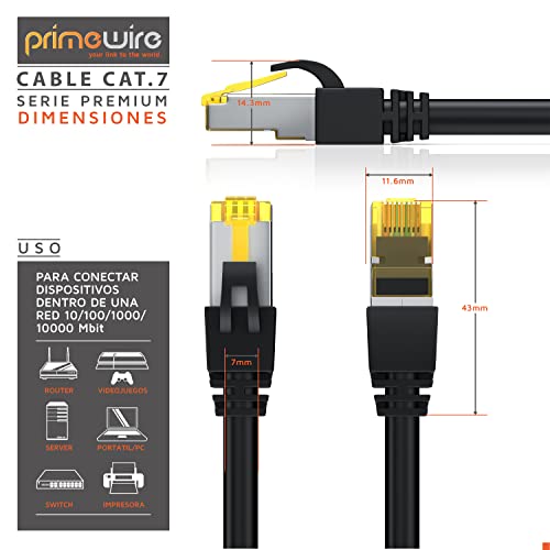 Primewire - 10m - Cable de Red Cat 7 - Gigabit Ethernet LAN RJ45 - S FTP - Compatible con Cat.5 Cat.5e Cat.6 - Conmutador Router módem Panel de Conexiones Punto de Acceso - Color Negro