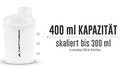 Protein Shaker Deluxe 400 ml a prueba de fugas, sin BPA, con tamiz y escala - ORIGINAL - para batidos cremosos de proteína de suero en polvo, aislados de proteínas y concentrados de BCAA, blanco