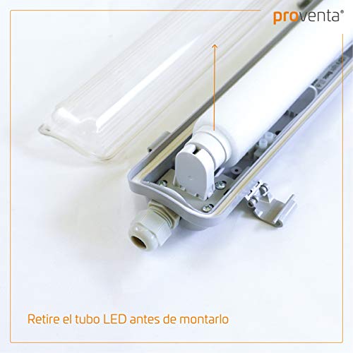 Proventa Luminaria pantalla estanca LED IP65 60 cm. Tubo LED incluido 4.000K 9W 1.080 lúmenes. Protección IK08. Clase energética A+