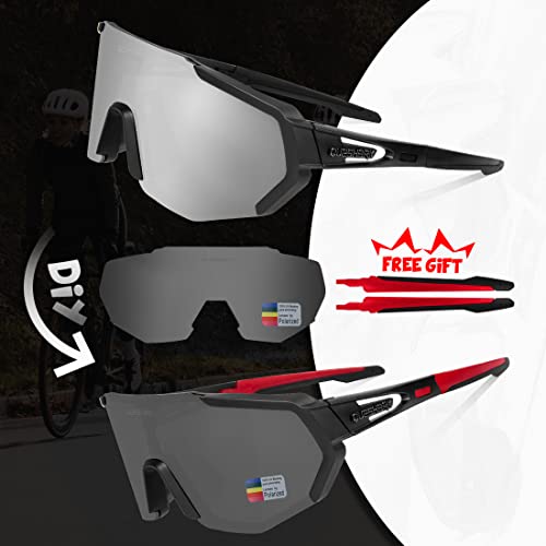 Queshark Gafas De Sol Polarizadas para Ciclismo con 3 Lentes Intercambiables, Protección UVA & UVB, Bicicleta de Carretera MTB Gafas de Ciclismo,Certificación CE