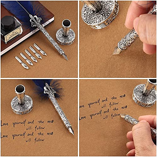 Quill Pen - Juego de pluma de pluma hecha a mano con tinta y punta de acero para caligrafía, 6 puntas de repuesto (azul marino)