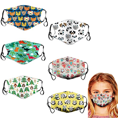 Qupuce 6 piezas Reutilizables Niños Cara Lavables, Algodón facial Unisex para Hombre y Mujer para Interiores y Exteriores （Animals）