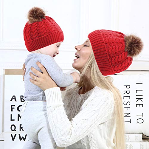 Rehomy Gorro de punto de bebé de la madre cálido invierno de piel Pom sombrero de ganchillo para mujeres niño 2 piezas