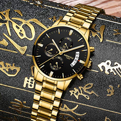 Relojes Hombre Dorado Cronógrafo Reloj de Pulsera Oro Calendario con Correa de Acero Inoxidable Elegante, Negro