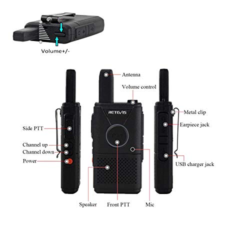 Retevis RT618 Mini Walkie Talkie Sin Licencia, Doble PTT PMR446 Radio USB Recargable para Familia, Transceptor Portátil de Mano de Largo Alcance para Acampar, Picnic(Negro 4 Piezas)