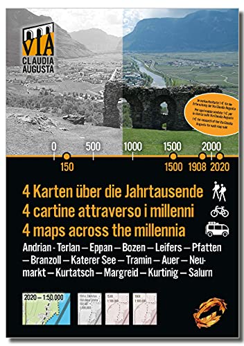Ruta del Vino Bolzano 15/30 en la Vía Claudia Augusta - 3 mapas históricos cada uno + 1 actual lleno de consejos de excursiones y experiencias de vacaciones - "4 mapas a través de los milenios"