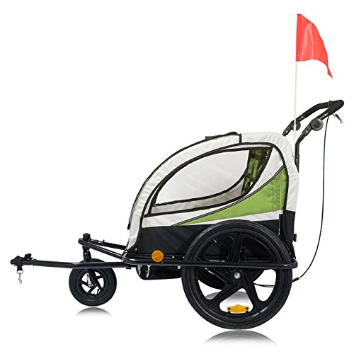 SAMAX Remolque de Bicicleta para Niños 360° girable Kit de Footing Transportín Silla Cochecito Carro Suspensíon Infantil Carro en Verde - Silver Frame